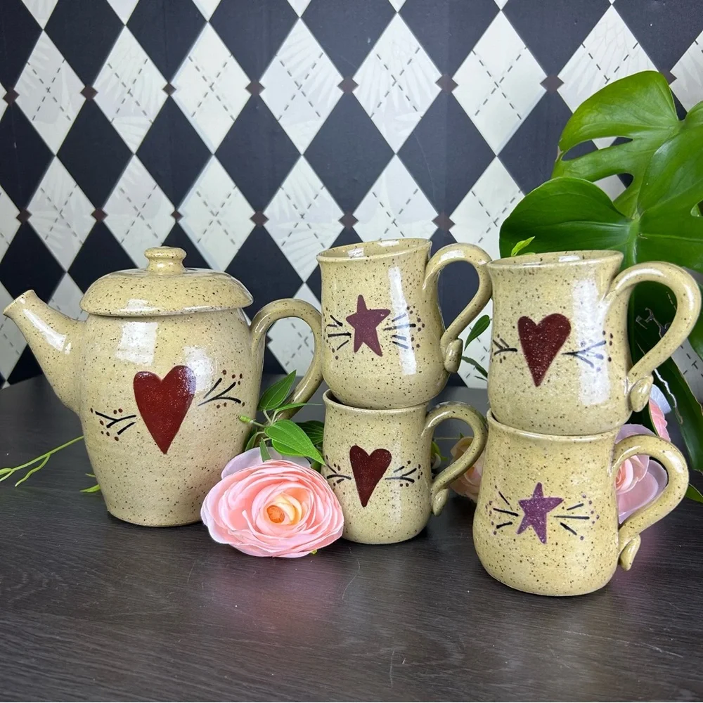 Studio Pottery Tea Set Stoneware Teapot and Four Mugs Heart Star Motif Primitive